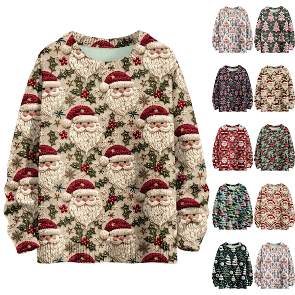 Langærmet julepullover til kvinder 3D-juleprintet pullover sweatshirt Light Red L