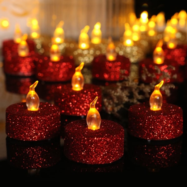 12st LED värmeljus Batteridrivet värmeljus Glitter Flameless Candle Bröllopsljus för jul födelsedagsfest Hem Red