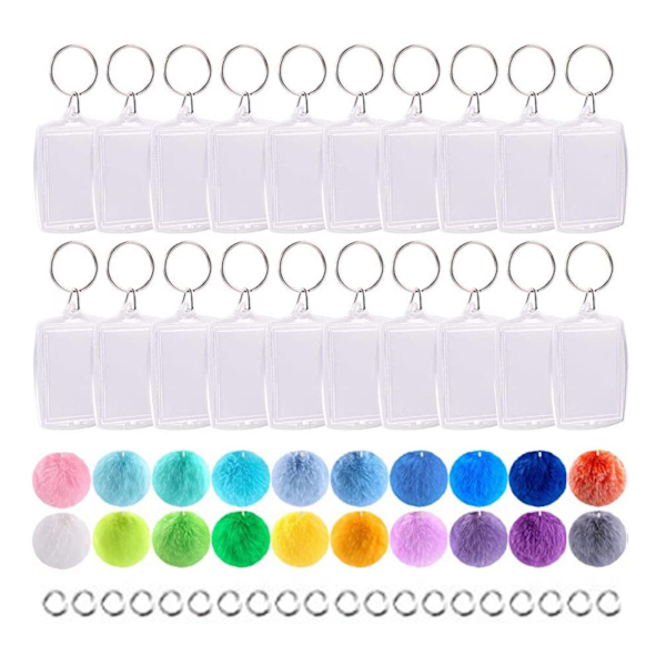 20 Set Akryl Nyckelring Ämnen Nyckelringar Pompoms Set Inkluderar Transparenta Akryl Nyckelringsämnen för Nyckelringar