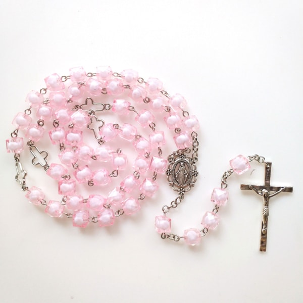 Rosa fyrkantig religion för kors Rosenkrans Halsband Hängande hänge för kvinnor Män Ber Meditation Presentmaterial