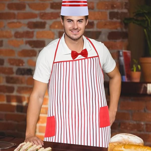 Servitørforkle med doble lommer, røde striper, design for Halloween-kostyme