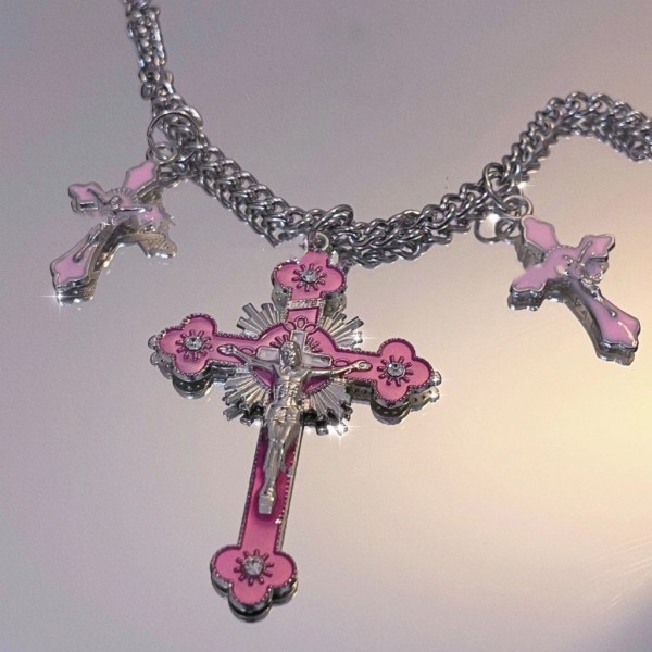 Rosa korshängande halsband Cool Y2K Goth smycken Rainbow-Cross Jesus Crucifix Cross Pendant Chain Halsband för kvinnor Purple