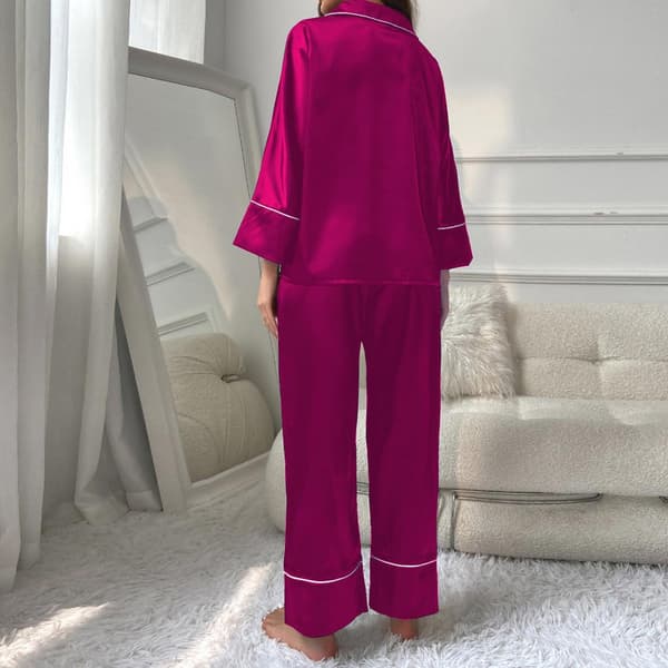 Pyjamas i silkesatin för kvinnor, långärmad, knäppt sovplagg, myskläder Navy blue XL