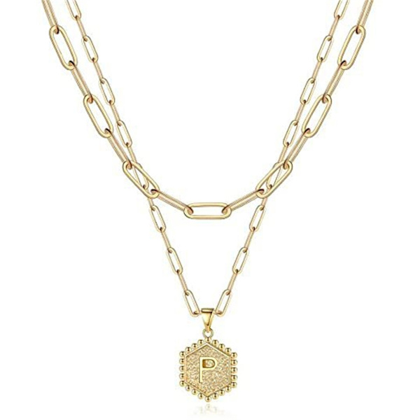 Layered Choker Halsband Dam Guld Layering Gem Kedja Halsband Enkelt justerbart Hexagon Pendant Halsband null - R