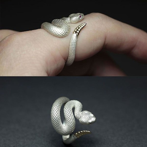 Skallerorm Ring för Kvinnor Män Retro Silver Färg Snake Kvinnlig Ring Justerbar Punk Ring Goth Par Smycken Present Black - B Open