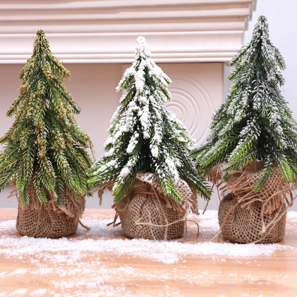 Desktop Miniatyr Snow Pine Tree Mini Julgranar Burlap Base Bord Dekor White