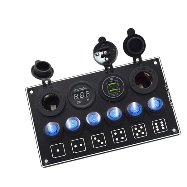 Hård 12V 6-gangs betjeningspanel med to USB-strømporte