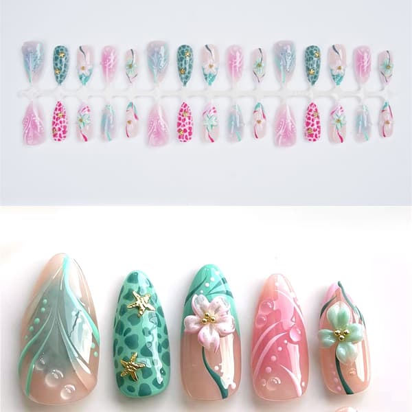 Festligt Press On Manicure Sæt med 3D Blomsterdesign, Gradient Pink Teal Farve