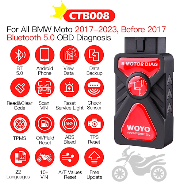 Trådlös Motorcykeldiagnostik Scanner Läser Felkoder med 10-Pin Kontakter