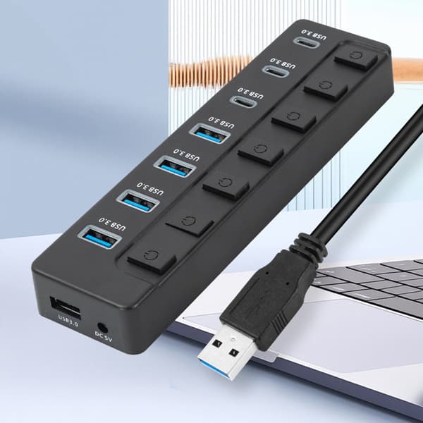 Snabb 5 Gbps USB C-adapter 7 Portar 4 USB3.0 3 Typ C med Strömbrytare