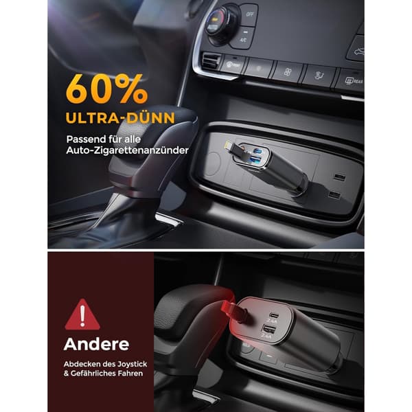 3 i 1 Billadere med USB C-blinking og liten USB for effektiv lading