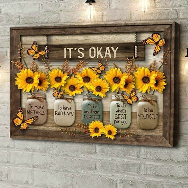 för Butterfly Sunflower Wall Art Painting Its Ok Ramless Canvas Print Bild D 20X30