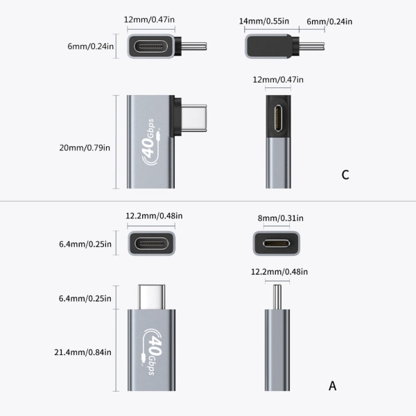 Höghastighets USB C-adapter Typ-C hane till USB-C honkontakt 40 Gbps snabb dataöverföring, 100w PD snabbladdning Side bend