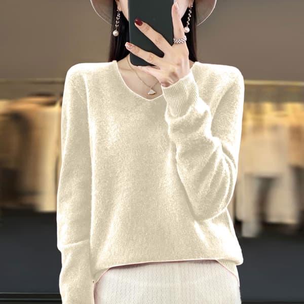 Dam V-ringad stickad tröja Casual lös långärmad pullover Jumper Toppar Beige 2XL