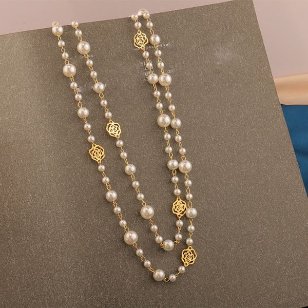 Mode Camellia Pärlhalsband Kvinna Tröja Kedja Dubbellager Långt Halsband Smycken Present för födelsedag eller semester White