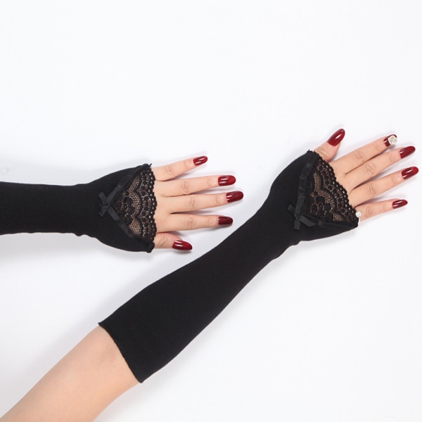 Kvinnor Vinter Ribbstickad Armvärmare Ärmar Spets Bowknot Långa fingerlösa handskar
