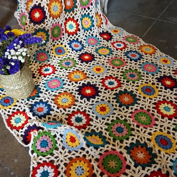 Boho Handgjord Virkad Soffa Tröja Färgglad Blomma Tröja Stil Mat Dekor