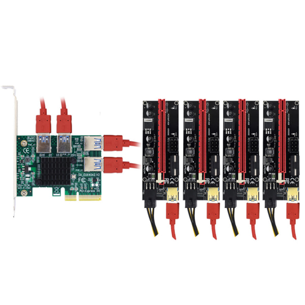 PCI-E 1x till 16x Riser Card USB 3.0 Adapter PCIe 1 till 4 Slot Multiplier Card + 4st 009S Riser Set för BTC Bitcoin Miner