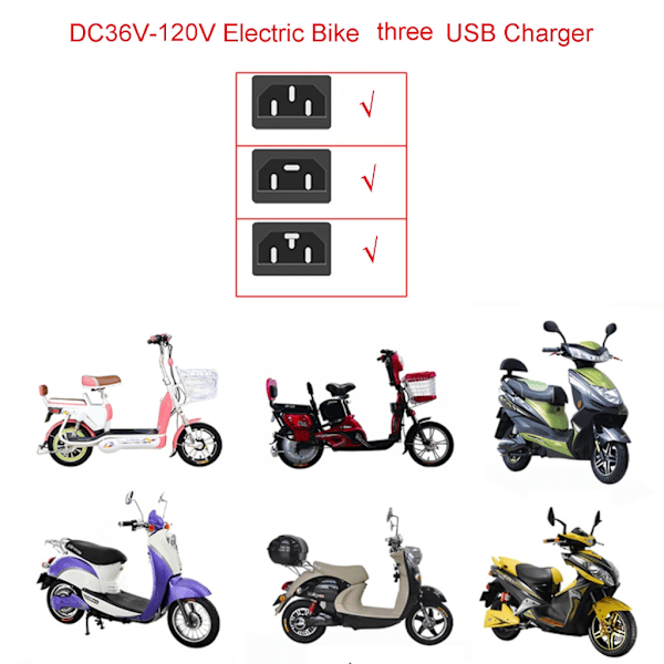 3-portars laddningsadapter E-cykel Elcykel DC-omvandlare DC36V 48V 72V 120V till 5V 2.1A USB -laddare för telefon Tablet GPS