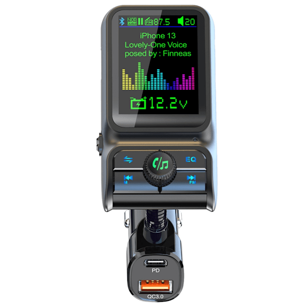 Bil FM-sändare Trådlös EQ ljudradioadapter 1,8" färgskärm för handsfreesamtal med PD20W/QC3.0 snabbladdning