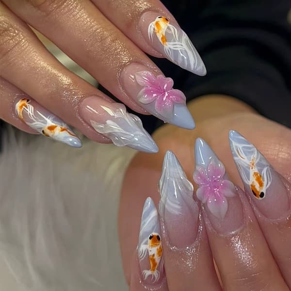 24-delars set med lösnaglar, blå gradient manikyr med 3D-blommig nagelkonstset