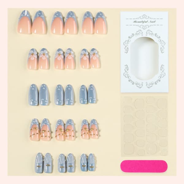 Multi Size Press On Manicure Mandelform med Blå Fransk Stil