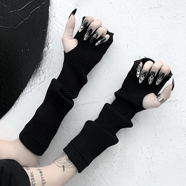 Kvinnor Gothic Punk Knit Black Fingerless Handskar Ripped Hole Vantar Arm Warmers