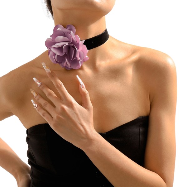 Romantiska Big Rose Flower Choker Halsband Breda Mjuka Svarta Sammets-Party Halsband för kvinnor Fashion Statement Smycken Purple