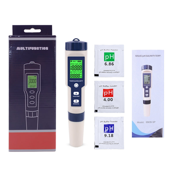 5 i 1 TDS/EC/PH/Salthalt/TEMP Vattenkvalitetstestare Med Utbytbar Elektrod Kan Mäta Icke-havssalthalt EZ-9909Verktyg
