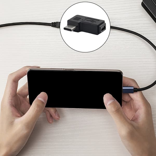 Mini USB - USB C -muunnin, 90 asteen Type-C uros - Mini USB naaras -sovitin