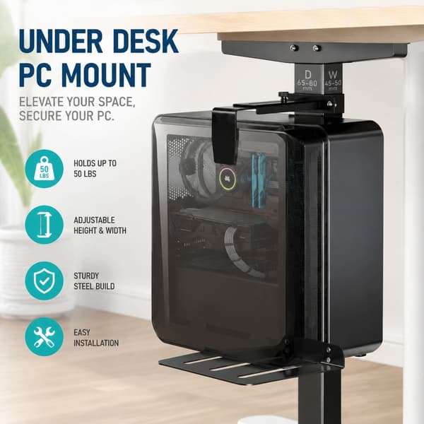 Ergonomisk PC-feste under bordet, solid stålkonstruksjon, sklisikker base