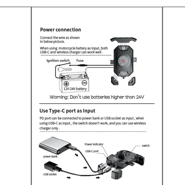 12V Motorcykel Backspegel 15W Trådlös laddare + Typ C PD 18W Snabbladdning Telefonhållare Stativ för 3,5-6,5" telefon