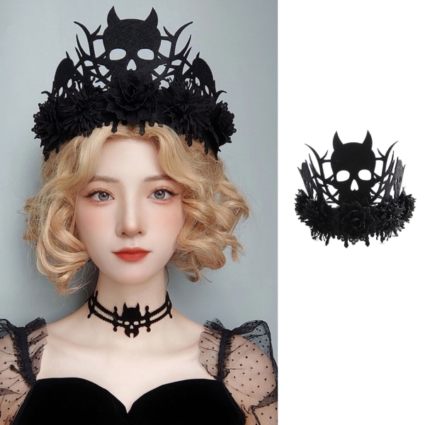 Gothic Demon Skull Headpiece Black Flower Crown Huvudbonad Död Häxa Tiara Halloween pannband för maskeradfest