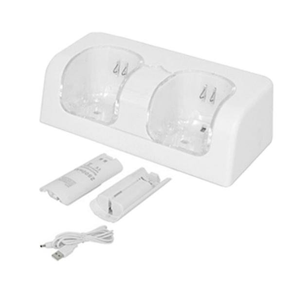 Wii-ohjaimille tarkoitettu kaksi-yhdessä kaksoislatausasema, sopii Wii-ohjaimelle, ladattavat akut kahdella 2800MAH-akulla, valkoinen