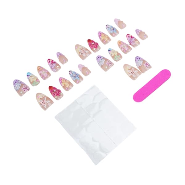 Pink Gradient Press-On Sæt med 3D Blomster Dekorativ Finish Kit