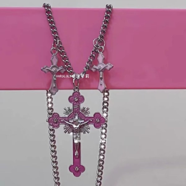 Rosa korshängande halsband Cool Y2K Goth smycken Rainbow-Cross Jesus Crucifix Cross Pendant Chain Halsband för kvinnor White