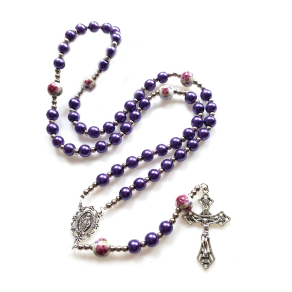 Vintage för Kors Rosenkrans Halsband Runda glaspärlor Mary Jesus Hänge Halsband Kvinnor Katolska Religiösa Smycken Present Purple