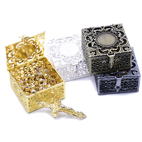 Rosenkrans Pärlor Box med lock Försegling Organizer Behållare Religiösa halsband för hemkyrkan Meditation Hängande Charm Gold
