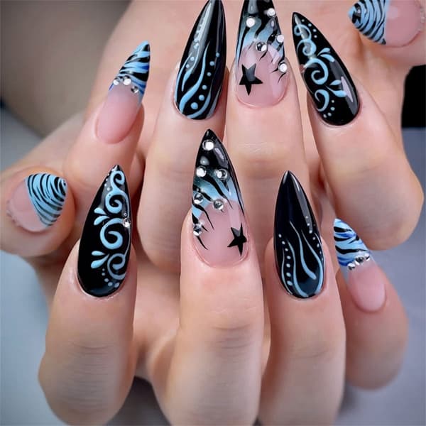 Genanvendeligt Manicuresæt Blå Sort Lang Mandel 24 Stk. Stil Look til DIY Styling