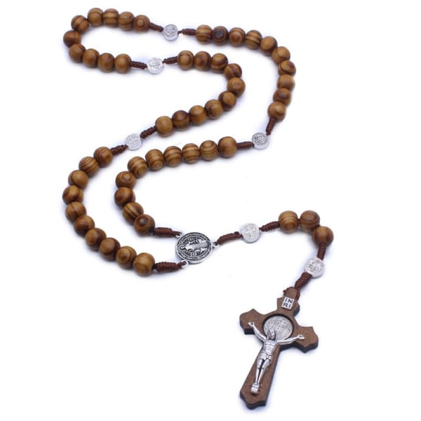 Trä Rosenkrans pärlor katolska för kors halsband med Jesus för kors hänge Set