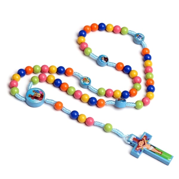 Tecknad kors rosenkrans halsband handgjorda färgglada runda pärlor hängsmycke för barn flickor pojkar barn katolska bön smycken Color blue