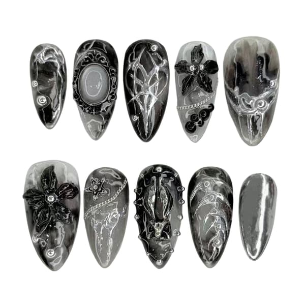 Gotisk Press On Manicure Sæt i Sort Sølv 3D Blomsterkunst til Feststil