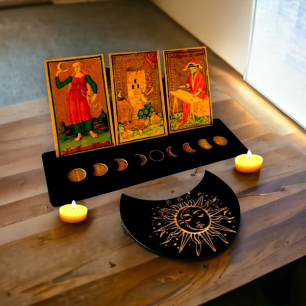 Hållare för tarotkortstativ av trä Månfaser Altarbas Månform och rektangelkort Hållare för häxspådomsverktyg Black 1