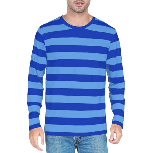 Stribet langærmet T-shirt med rund hals til mænd, basic afslappet top Blue 2XL