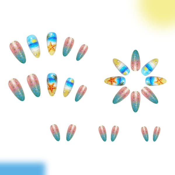 Sommer Press On Manicure Sæt, Gradient Ocean Art Mandel 24 Stykker
