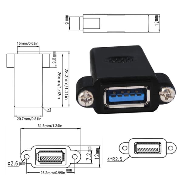 USB3.0 Hun Til Hun Socket Panelmonteringsadapter Forlænger