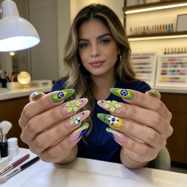 Fodbold 3D Blomst Press On Negle Manicure Mandelform 24 Stykker Sæt Fingernegl