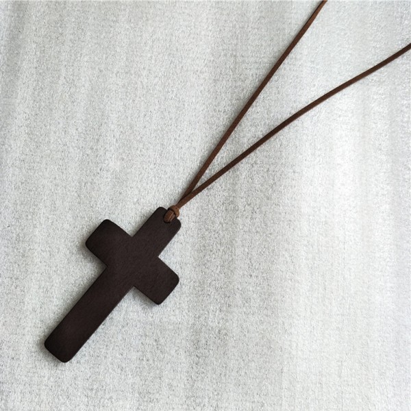 Naturligt trä för korshänge halsband handgjorda träkors krucifix Jesus Kristus halsband hänge prydnader kvinnor M Black rope
