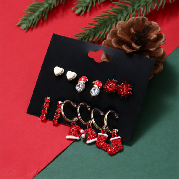 6 par röda julörhängen Kit Tiny Söt Tomtehatt Stud Örhänge Xmas Stocking Hoop Dingle Örhängen Smycken för kvinnor