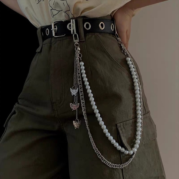 False Pearl Bead Pant Chain Dam Tre Layer Street Metal Byxor för Nyckelring Punk Hip-Hop Midjekedjor Bälte För Pan